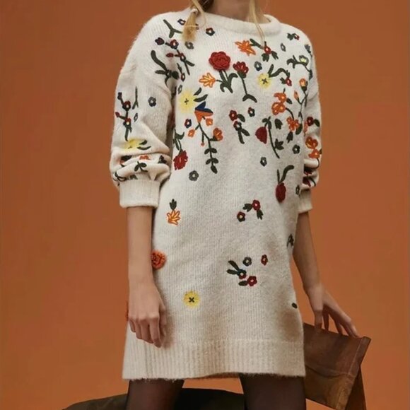 Anthropologie Flowers Half Sleeve Sweater Dress TEMPORARILY UNAVAILABLE DO NOT P - Picture 1 of 4